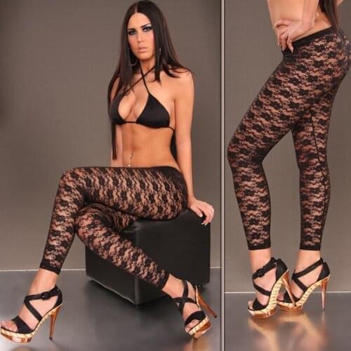 New Erotic Sexy Fitness Skinny Pants Women High Waist Pants Flower Lace See-through Leggings Pants