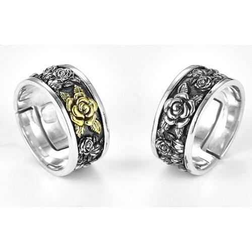 Ruibeila new retro gold silver Fashion rose flower opening couple ring 925 silver size adjustable men and women jewelry