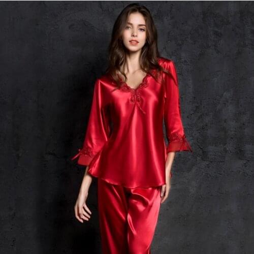 Pajama Set Women Female Pantsuit Women Ice Silk Suit Long Sleeve Silk Pajamas Thin Bud Silk Sleeping Home Clothe Suit Sleepwear