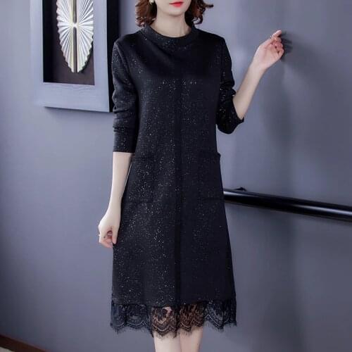 4XL Plus Size Black Lace Sequins Midi Dresses 2021 Spring Vintage Long Sleeve Dress Elegant Women Winter Bodycon Party Vestidos