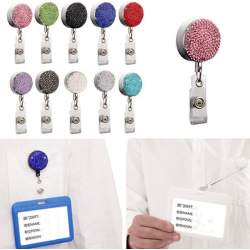 Full-Diamond Oval Retractable Pull Badge Reel ID Lanyard Name Tag Card Badge Holder Reels Recoil Belt Key Ring Chain Clips