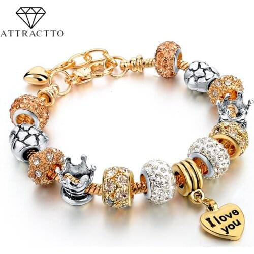 ATTRACTTO Gold "I LOVE YOUR" Heart Crown Charm Bracelets & Bangles For Women Snake Chain Jewelry Adjustable Bracelet SBR150076
