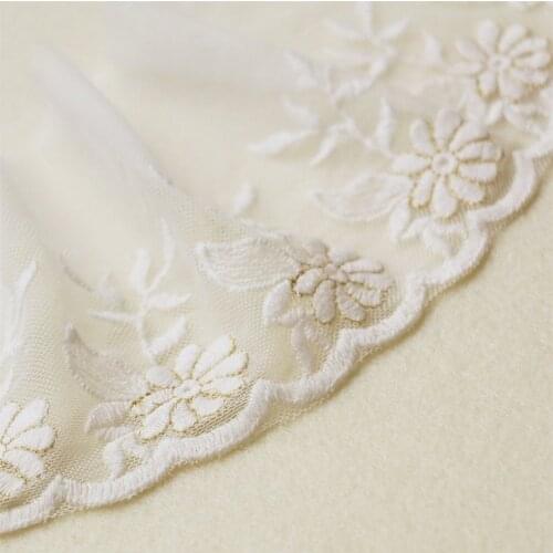 SALE Off White Floral Cotton Embroidered Tulle Mesh Lace Fabric Trims 4.7” Wide 1 Yard Long