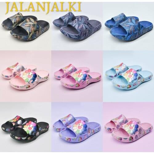 JALANJALKI Women Slippers Candy Color Flowers Printing EVA Ladies Shoes Non-slip Outdoor Men Flip-flop Couple Flat Sole Sandals
