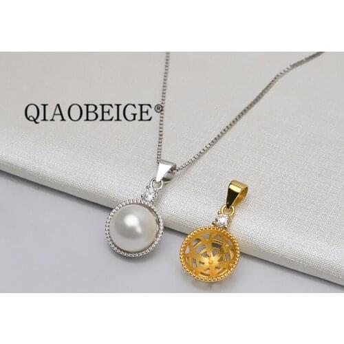 QIAOBEIGE 11mm round pearl silver accessory Fine 925 Sterling Silver Cubic Zirconia DIY Pendant Blank Base for Pearl Accessory