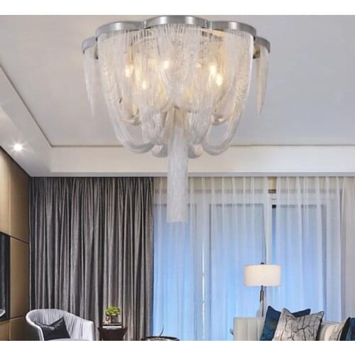 Modern Luxury Chain Chandeliers Ceiling Chrome Aluminum Chain LED Chandeliers Lighting Round Ring Living Room Pendant