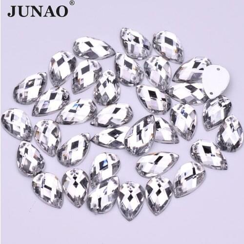 JUNAO 8*13mm 18*25mm Sewn White Clear Drop Rhinestone Applique Flat Back Acrylic Stones Sewing Strass Crystal for Dress Crafts