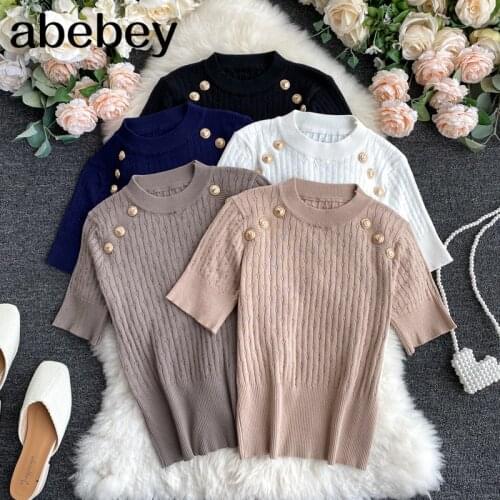 Short Sleeve O-neck High Quality Sweater Shirts With Decorated Buttons Girls Stretchy Crop Tops Sweaters Pullovers For Women