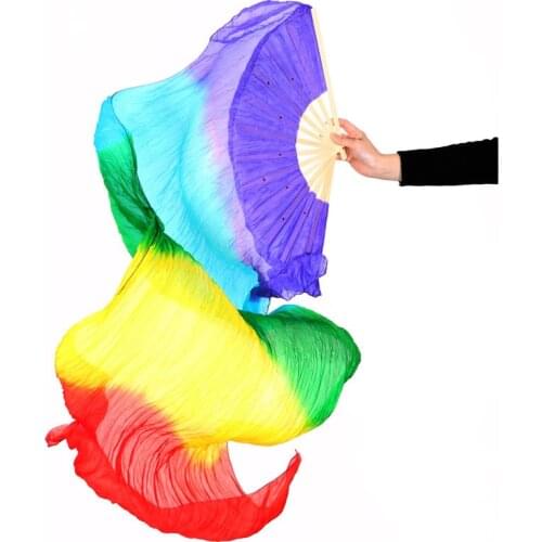 Stage Performance Prop Dance Fans 100% Silk Veils Tie-dyed Rainbow Color Women Belly Dance Fan Veils (1 Pieces Only)