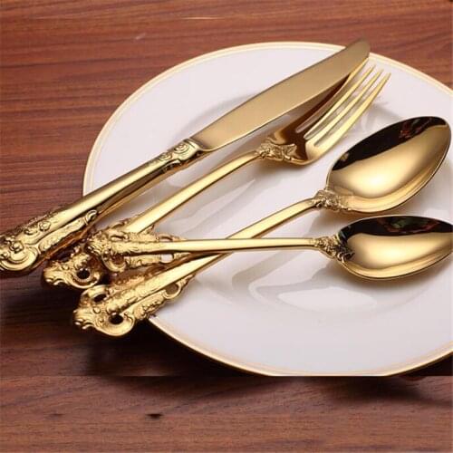 Vintage Retro Embossed Carve Gold Tableware Set 304 Stainless Steel Gold Knife Forks Western Food Dinner Cutleries