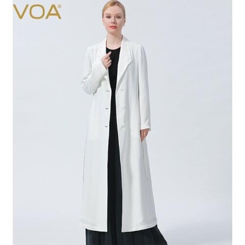 VOA Causal White Autumn Women Trench Coat Split Joint Elegant Long Sleeve Silk Coat Solid Long Coat with Belt Windbreaker FE151