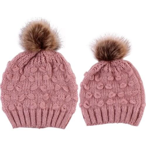 Mom Baby Hat Knitted Cap Newborn Baby Women Winter Warm Fur Pom Bobble Crochet Beanie Caps Hat Black Pink Beige Gray