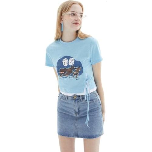 Patchwork Color Matching Fake Two Piece T-shirt Women Summer 2021 Harajuku Short Sleeve Tie Cartoon Print Short Crop Top N0085