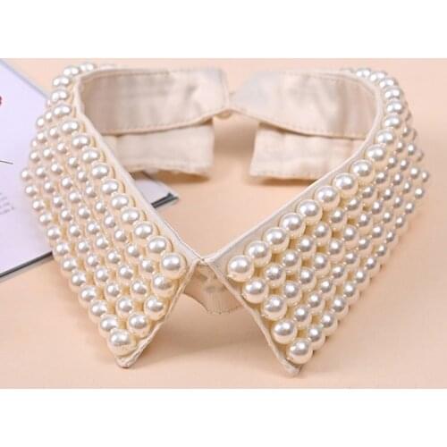 Women Retro Handmade Beading Faux Pearls Layers Bib Lapel Fake Collar Jewelry Detachable Necklace Choker Cloth Accessory