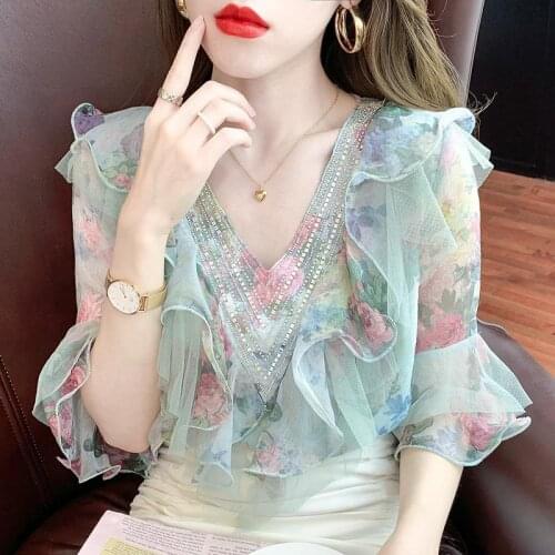 Sweet Style Floral Chiffon Women Blouse Summer New 2021 Beaded Shine Slim Elegant Office Lady Pulls Outwear Tops
