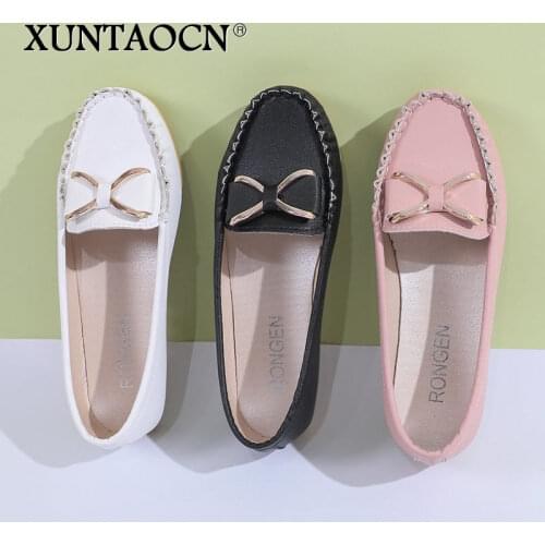2021 Summer Women Bow Tie Boat Shoes Female Antiskid Flat Shoes Womens Hollow Out Work Loafers Ladies Black Soft Leather Shoes