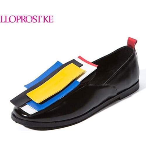 LLOPROST KE Women Oxfords Brogue Flats Shoes Patent Leather Slip-on Square Toe Flats Casual Mixed colors Shoes Women dxj2109