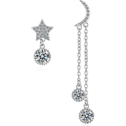 Long Tassel Star Pentagram Moon Asymmetric Cubic Zirconia Bling Stud Earrings For Women Trendy Aesthetic Jewelry Bijou SD2168