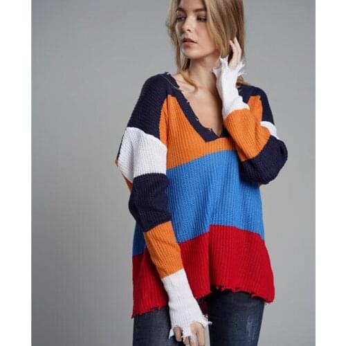 Womens Deep V Neck patchwork stripe loose knitted Tops Ladies pullover sweater tassel oversized baggy jumper