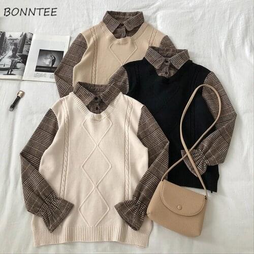 Sweaters Women Fake 2 Pieces Plaid Retro School Knitted Girls Loose All-match Korean Womens Pullover New Casual Ulzzang Harajuku