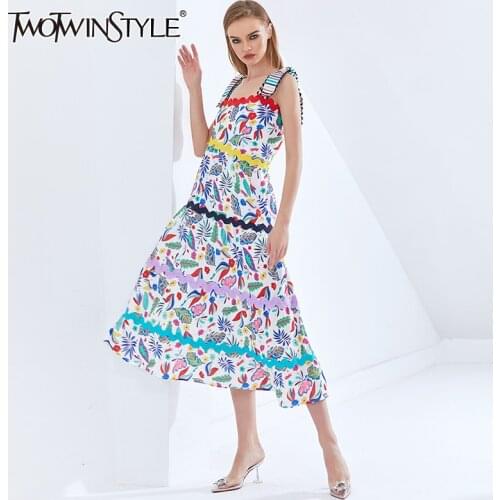 TWOTWINSTYLE Bohemian Print Sling Dress For Women Square Collar Sleeveless High Waist Hit Color Dresses Female Fashion Summer