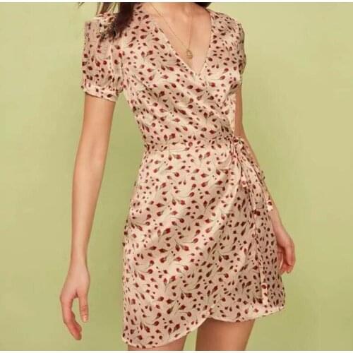2021 Small Rose Print Women Wrap Dress Retro Lacing up Bandage Tide Bow One-piece Mini Dresses Holiday Robe A434