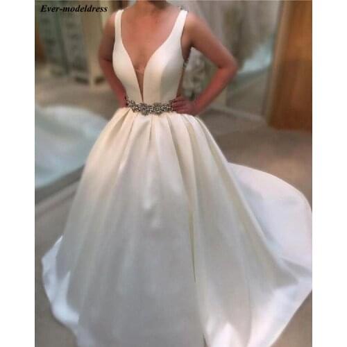 Simple Satin Wedding Dresses 2019 Backless Crystal Beaded Sweep Train Elegant Bridal Gowns Robe De Mariee Cheap