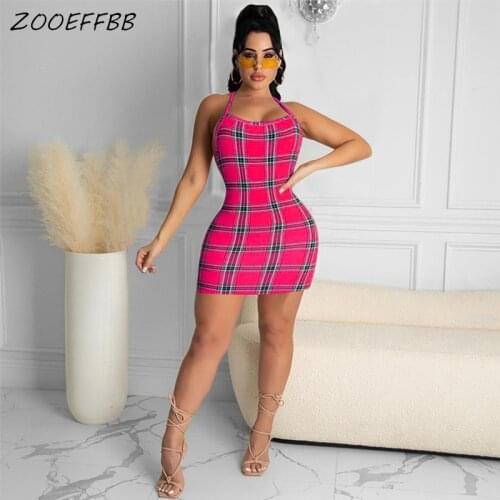 ZOOEFFBB Sexy Spaghetti Strap Backless Plaid Dress Vacation Outfits for Women Summer Clothes Party Clubwear Bodycon Mini Dresses