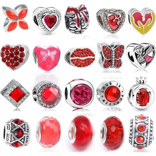 2Pcs/Lot Hot Red Heart Charm Bead Pendant,Men Women Bracelets Accessories beads, For Brand Charm Bracelet DIY Jewelry Gift