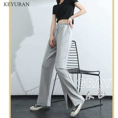 2021autumn winter new casual thin Split straight pants women female drawstring loose high waist knitted wide leg pants Trousers