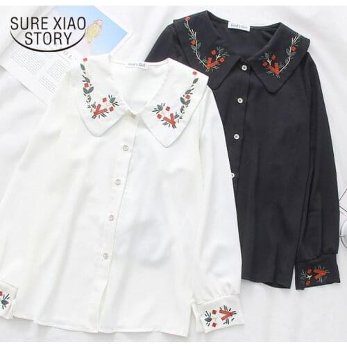 2021 Spring Vintage Embroidery Floral Blouses for Women Shirts Chiffon Blouse White Tops Cute Lantern Long Sleeve Shirts 13051