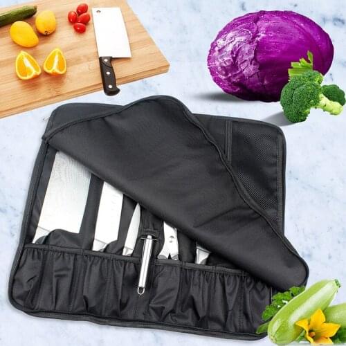 8 Pocket Nylon Fabric Chef Knife Bag Roll Bag Portable Travel Cooking Knife Holder Storage Carry Case Black Kitchen Tools