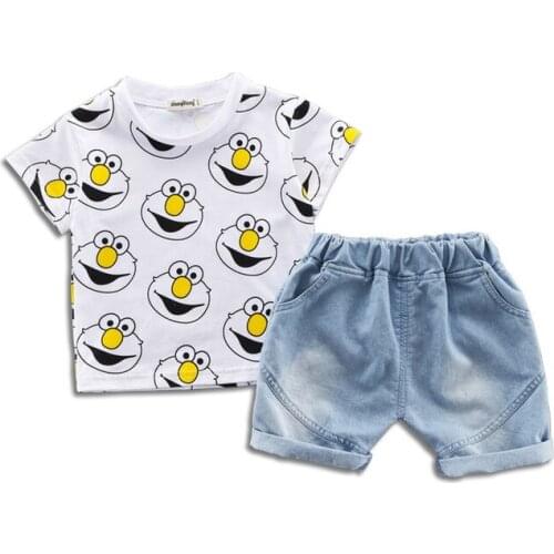 2019 Summer Childrens Jeans Short Sleeve Set Cartoon Printed Baby Boys and Girls Two-piece Set