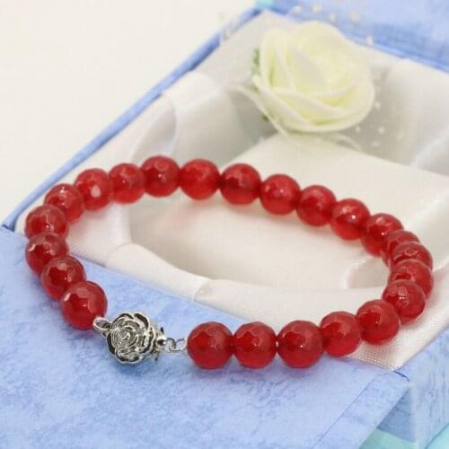 Tope Quality Original Bracelets 8mm Red Natural Stone Jades Chalcedony Faceted Round Beads Free Shipping Jewelry 8inch B2711