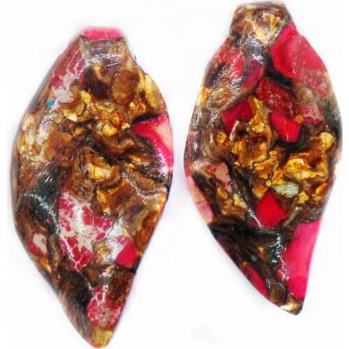 2Pcs 40x20x7mm Wholesale Rose And Bronze Sea Sediment Jasper & Pyrite Leaf Shape Height Holes Bead DIY Jewelry Accessories S864