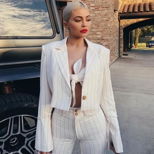 YT 2021 Celebrity Kylie Jenner Party Blazer Flare Long Sleeve Striped Suits Crop Sexy Tops Pants 3 Piece Set
