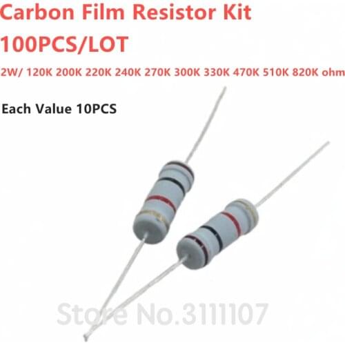 100PCS Carbon Film Resistor Kit 10Value 2W 120K 200K 220K 240K 270K 300K 330K 470K 510K 820K ohm 5% 2W Color Ring Resistance