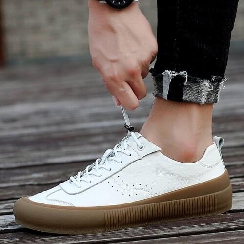 Men Genuine Leather Shoes Lace Up Mens Casual Shoes Luxury Brand Fashion Sneakers Men White Breathable Shoes