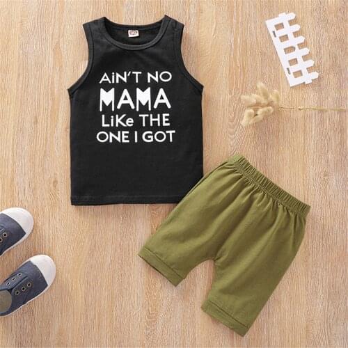 2Pcs Summer Boys 12M-4T Outfit Fashionable Toddlers Simple Style Sleeveless Round Collar Letter Top + Solid Color Shorts Set