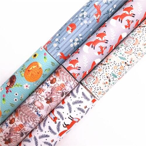 Autumn Foxes Rainbow Leaves Printed Synthetic Faux Vinyl Leather Fabric Sheets for Bows Earrings DIY 21X29CM FZ266B