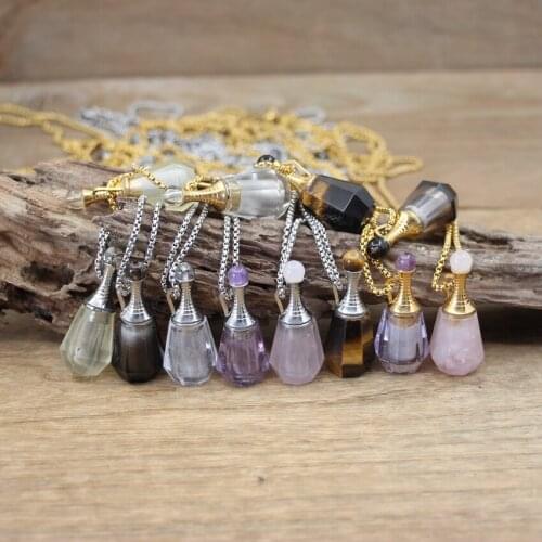 Faceted Crystal Stone Essential Oil Vial Pendant Necklaces Tiger eye Amethysts Lemon Quartz Perfume Bottle Charms Chains QC1084