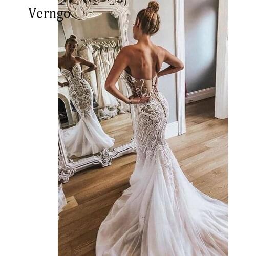 Verngo Mermaid Lace Wedding Dress Sexy Sweetheart Beads Tulle Bottom Sweep Train Fitted Stylish Bridal Gowns