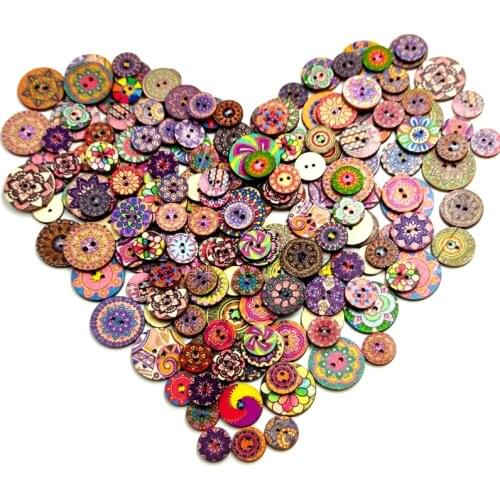 100pcs retro round buttons diy hand-sewing process printing wood chips 15/20/25mm two-holes button for clothes decoration