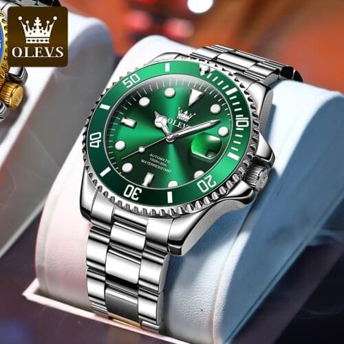 OLEVS Top Automatic Mechanical Mens Watch Stainless Steel Waterproof Date Green 30ATM Fashion Classic Watch Reloj Hombre 6650