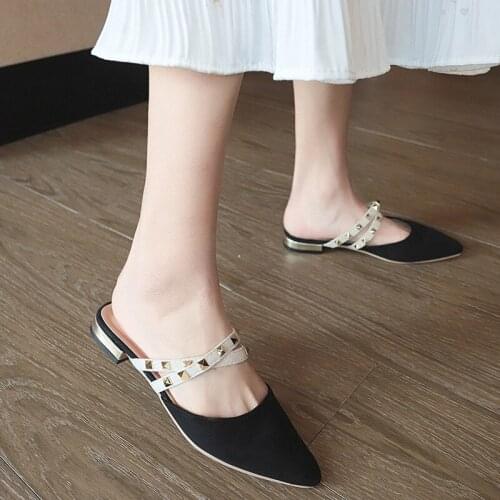 New Women Slippers High Quality Muller Shoes Elegant Temperament Rivets Design Female Office Black Casual Sandals