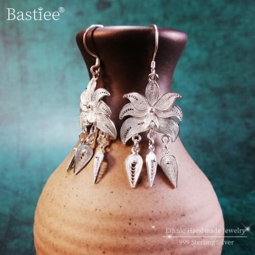 Bastiee Coconut Tree 999 Sterling Silver Leaf Earrings For Women Drop Tassel Earings Miao Silver Luxury Jewelry Ethnic Handmade