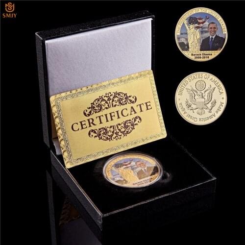 USA 44th President Barack Obama Statue of Liberty Gold Plated Commemorative Coin W/Luxury Coin Box