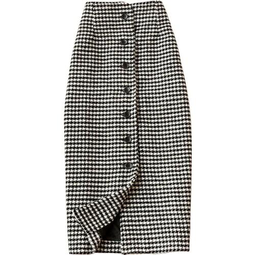 NEW fashion Woolen Skirts Female High Waist Houndstooth single breasted Woolen Wool Pencil Skirt Winter Work OL Skirts