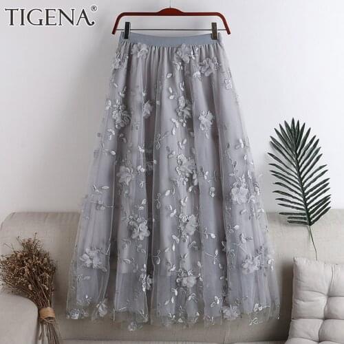 TIGENA Embroidery Floral Maxi Tulle Skirt Women Fashion 2021 Summer Korean Aesthetic Mesh A Line High Waist Long Skirt Female