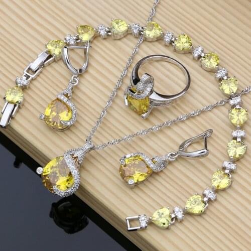 925 Sterling Silver Jewelry Sets Yellow CZ Stones for Bride Women Earring Rings Bracelet Fashion Decoration Wedding Jewelry
